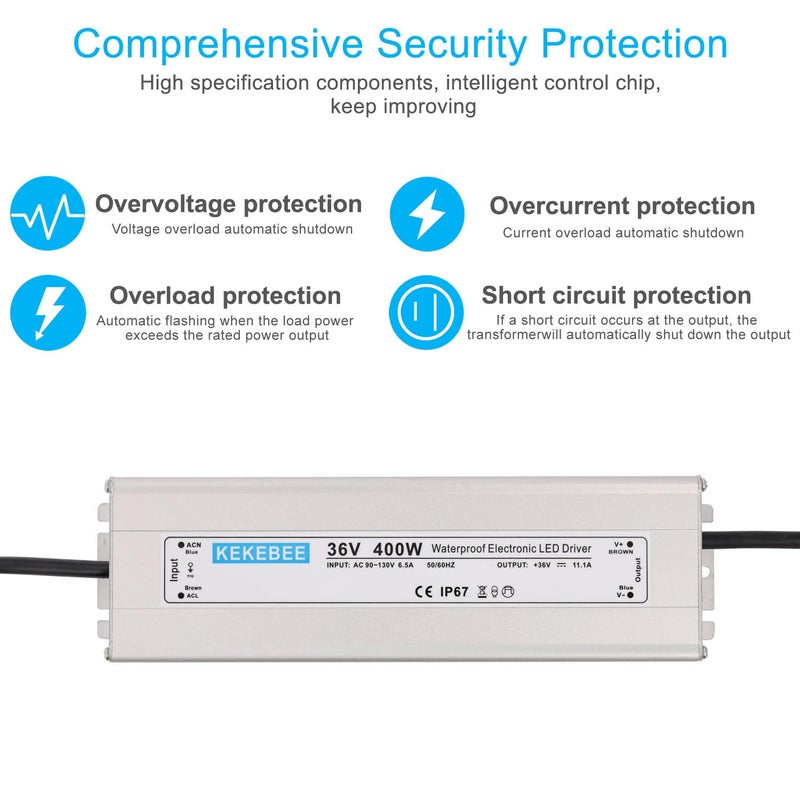 KEKEBEE LED Driver 36V400W Waterproof Power Supply 110V/130V AC to 36V DC 11.1A Low Voltage Transformer IP67 Outdoor Lighting Sign LED Lighting and Any 36V DC LED - Image 2